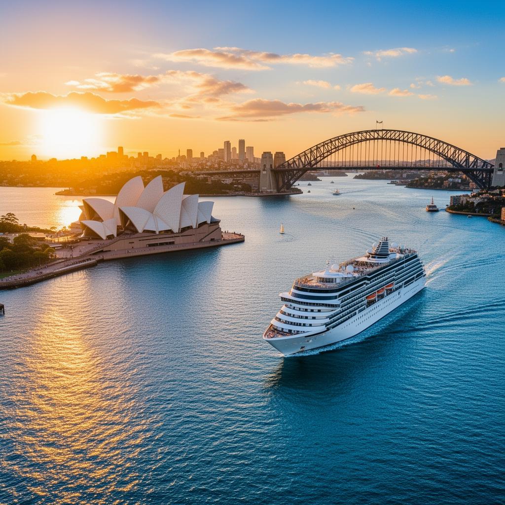 Cruise ship sailing past the Sydney Opera House and Harbour Bridge at sunset